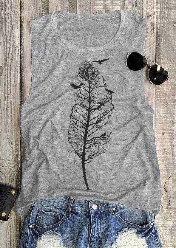 Tank Tops Feather Tree Bird O-Neck Tank Top in Gray. Size: S,M,L,XL