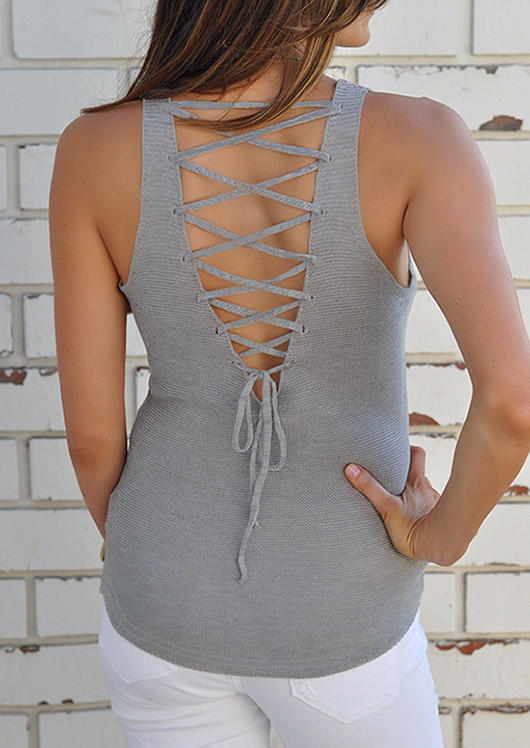 Lace Up Open Back Casual Tank - Gray