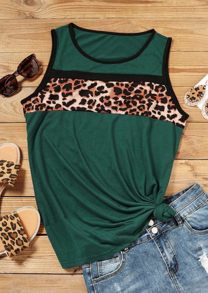 Tank Tops Leopard O-Neck Casual Tank Top in Green. Size: M