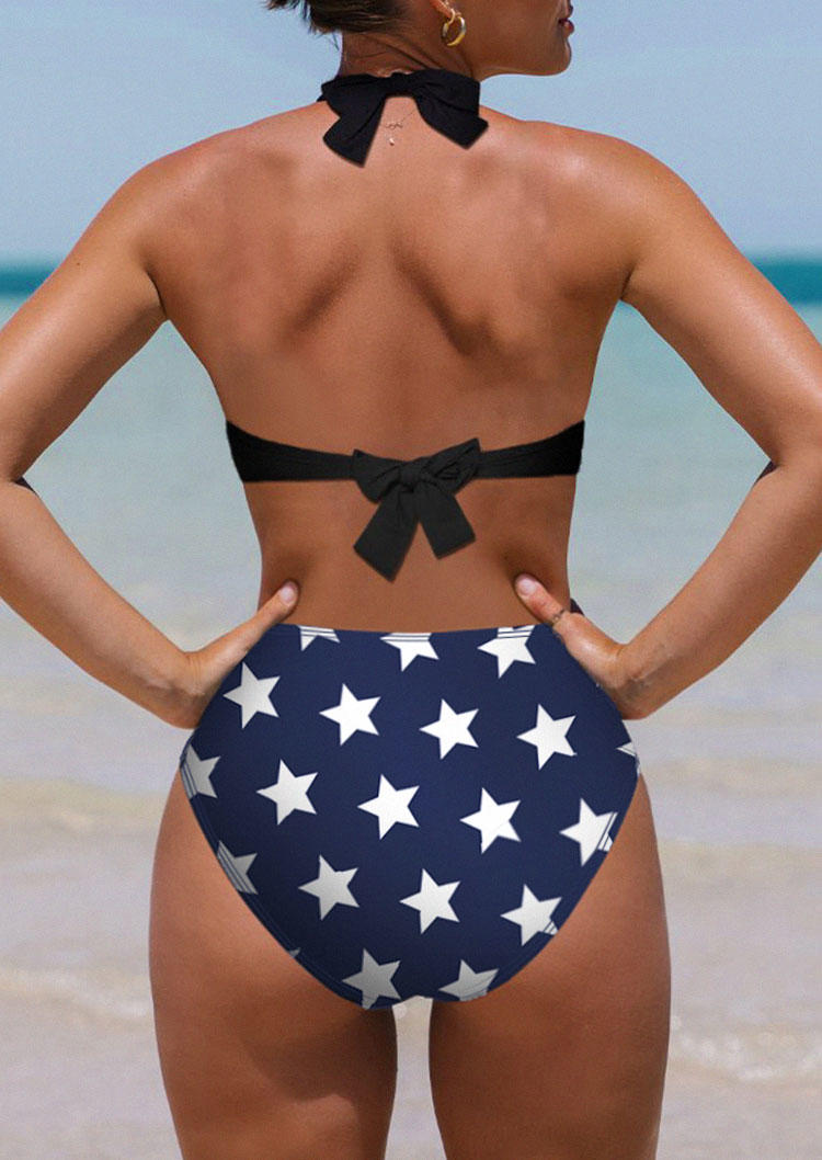 Bikini Sets American Flag Hollow Out Halter Bikini Set in Blue. Size: S