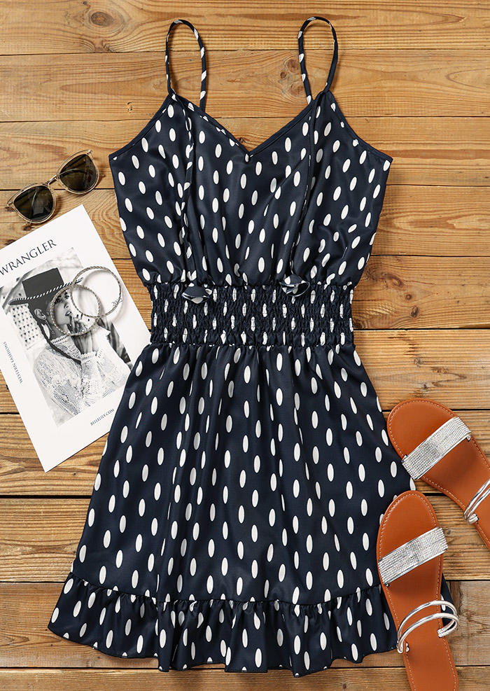 

Mini Dresses Polka Dot Ruffled Spaghetti Strap Mini Dress in Navy Blue. Size