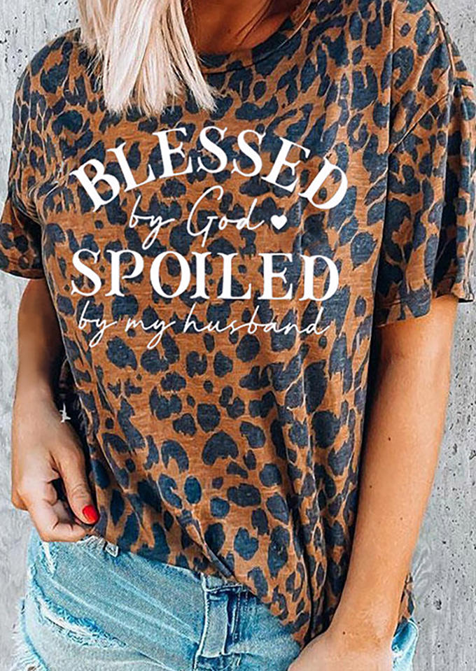 T-shirts Tees Blessed By God Spoiled By My Husband Leopard T-Shirt Tee in Brown. Size: S