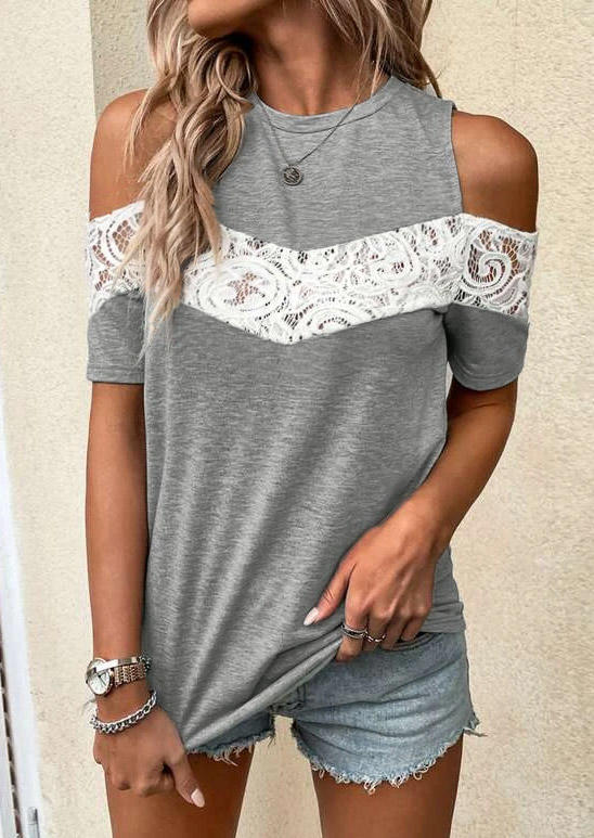 Blouses Lace Splicing Cold Shoulder Blouse in Gray. Size: L,M,S,XL