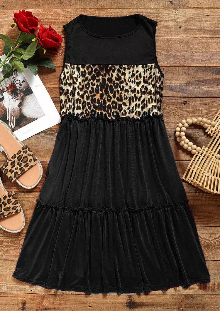 Leopard Color Block Ruffled Mini Dress - Black