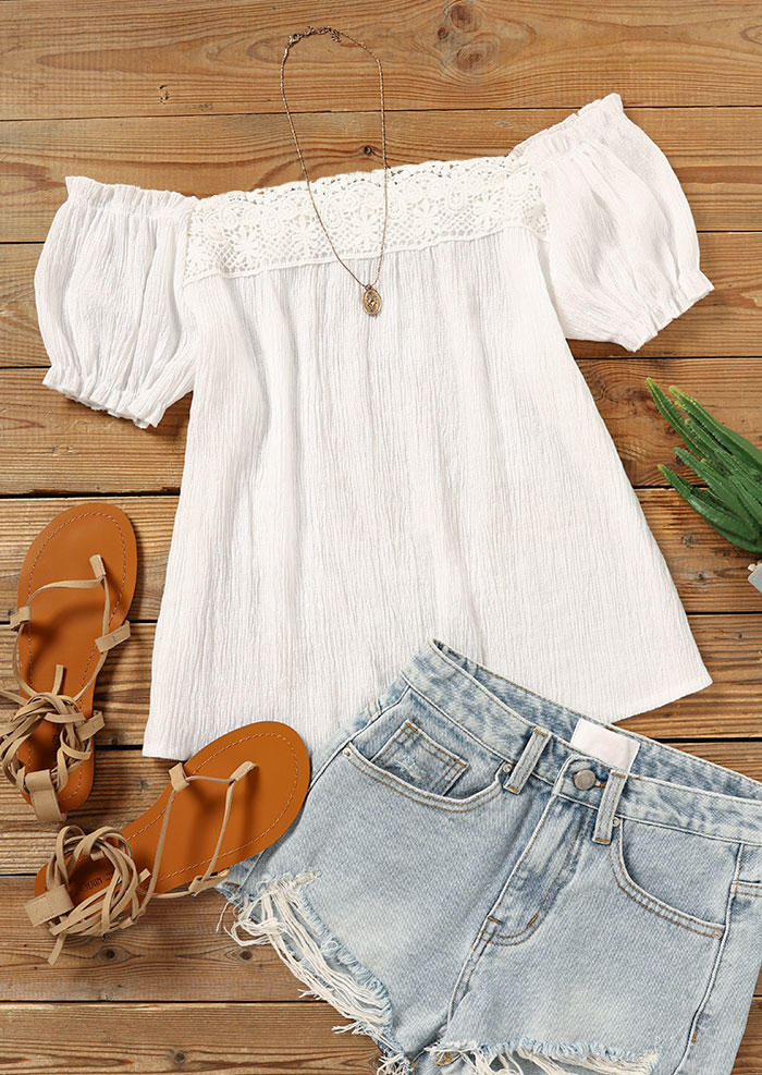 Blouses Lace Splicing Waffle Square Collar Blouse in White. Size: S