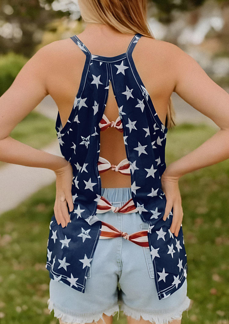 American Flag Star Bowknot Pocket Hollow Out Camisole