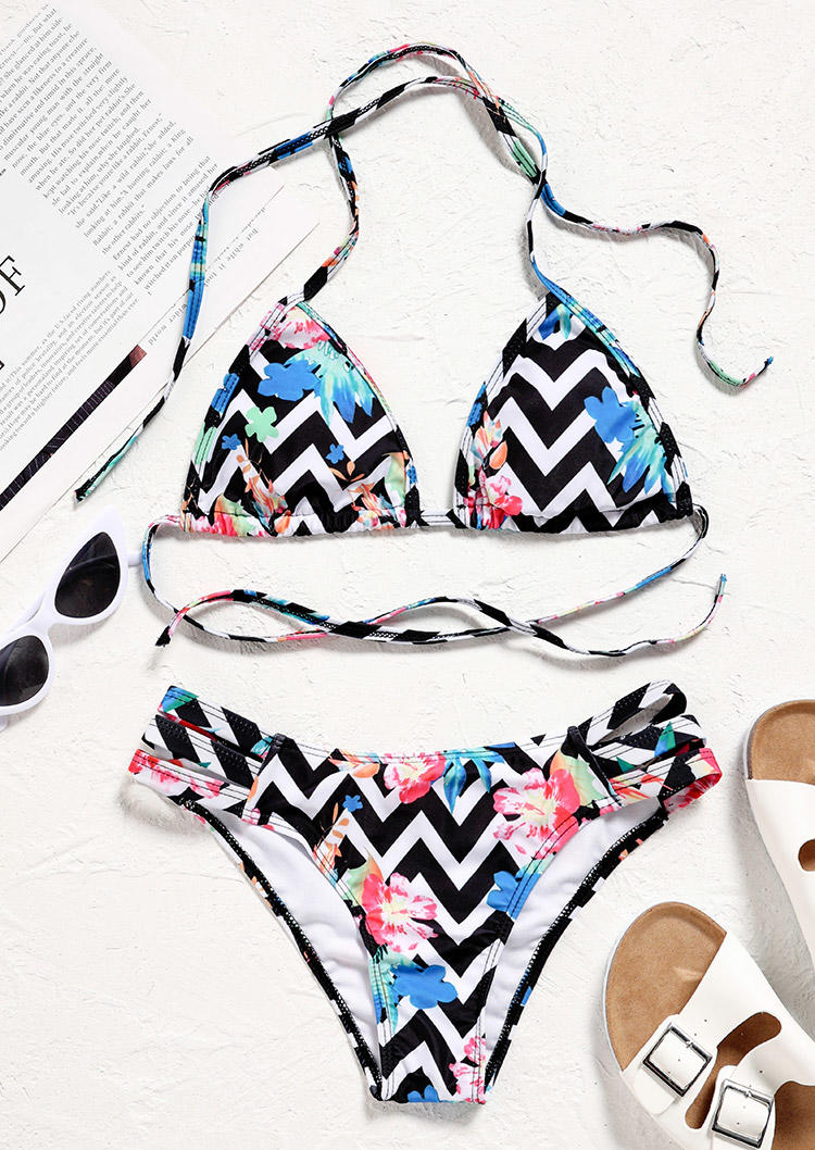 

Bikini Sets Floral Zigzag Halter Tie Bikini Set in Multicolor. Size