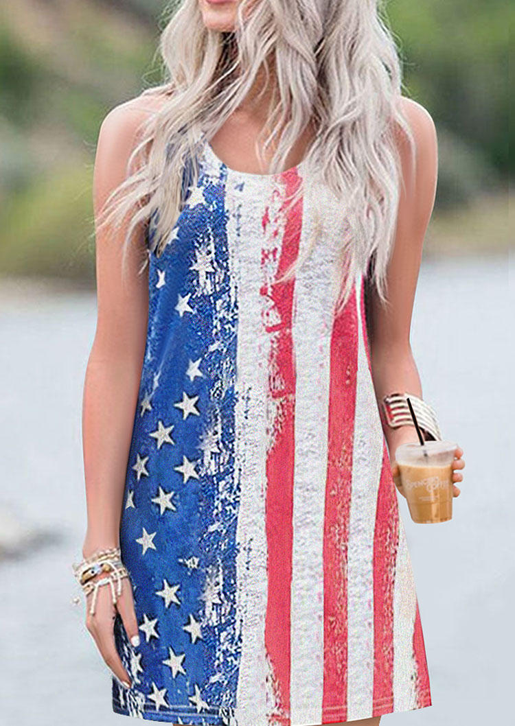 Mini Dresses American Flag Sleeveless Casual Mini Dress in Multicolor. Size: S,M,L,XL
