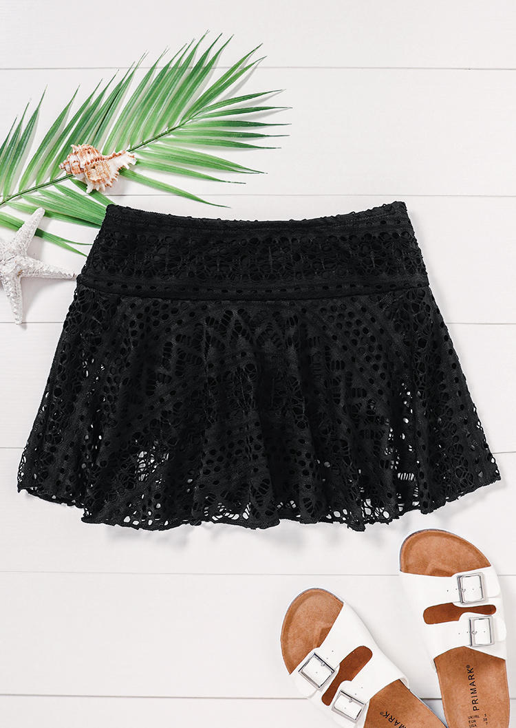 Bikini Sets Hollow Out Lace Crochet Swim Skirt in Black. Size: S