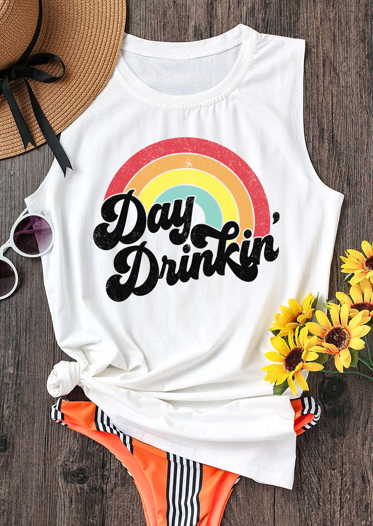 Tank Tops Day Drinkin' Rainbow O-Neck Tank Top in White. Size: M