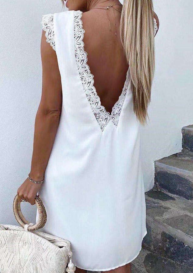 

Mini Dresses Lace Splicing Open Back Mini Dress in White. Size