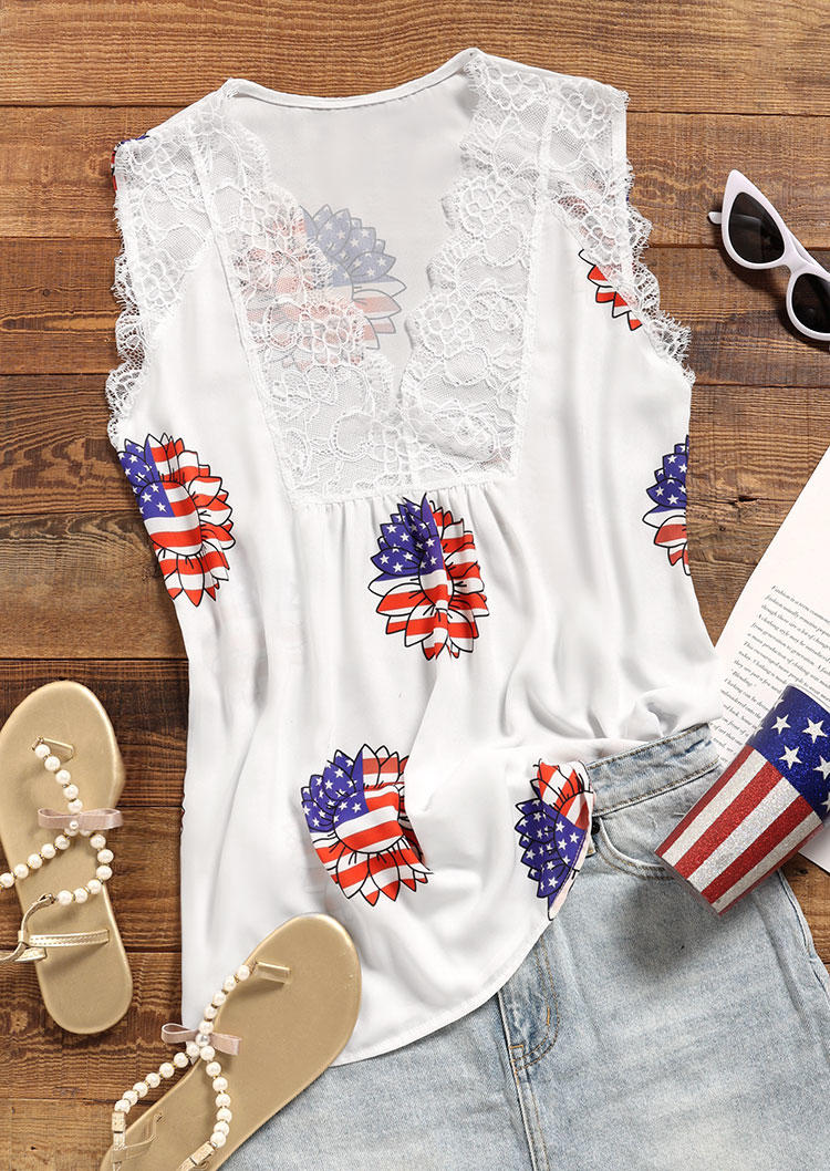 Tank Tops Lace Splicing American Flag Sunflower Tank Top in White. Size: L,M,S,XL