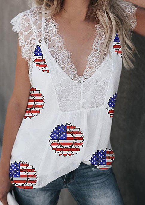 Lace Splicing American Flag Sunflower Tank - White