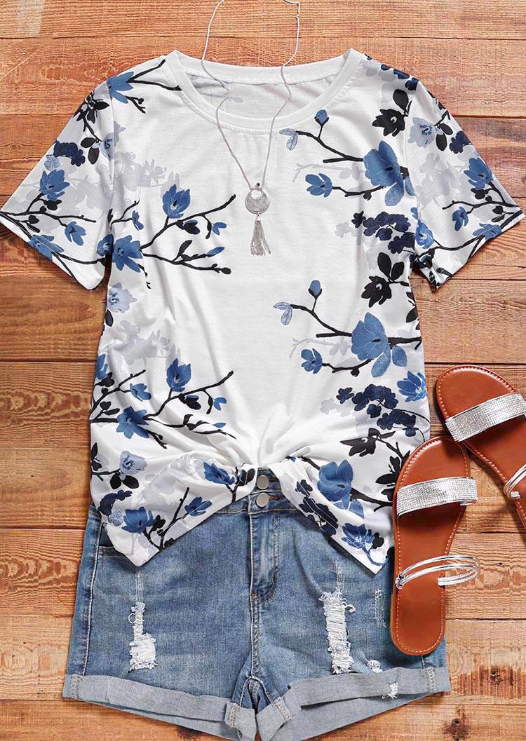 

Blouses Floral O-Neck Short Sleeve Blouse in Multicolor. Size