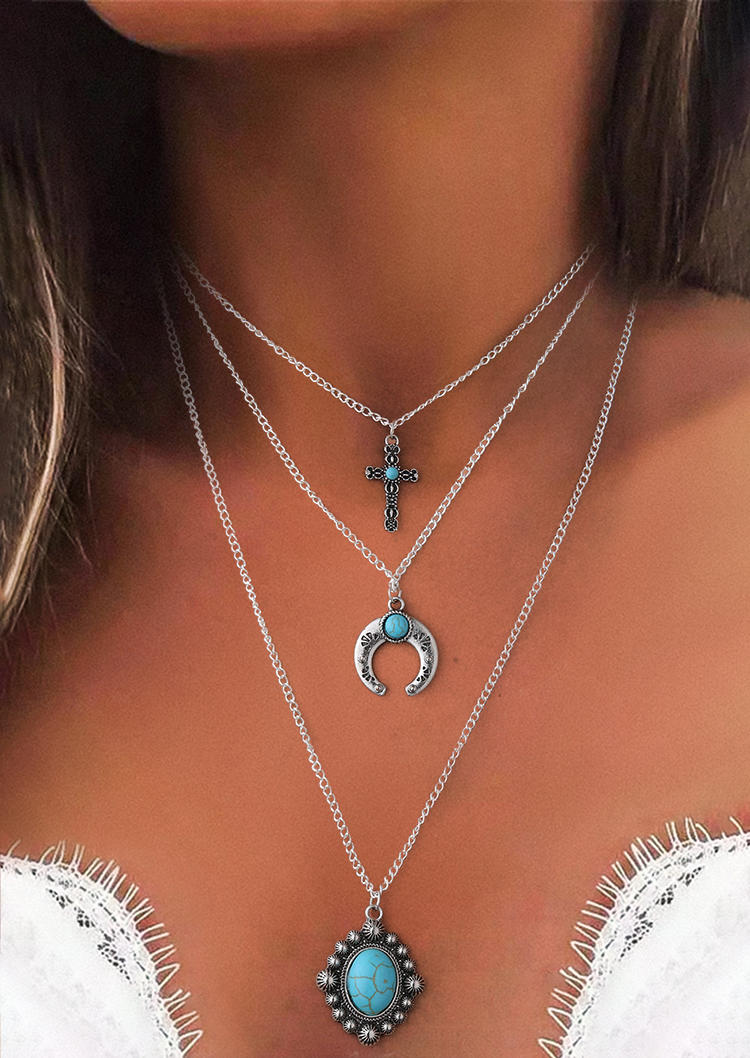 Necklaces Multi-Layered Turquoise Cross Moon Necklace in Silver. Size: One Size