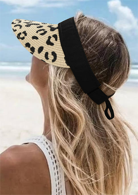 Hats Leopard Hollow Out Ruffled Sun Visor Rolled Up Hat in Brown. Size: One Size