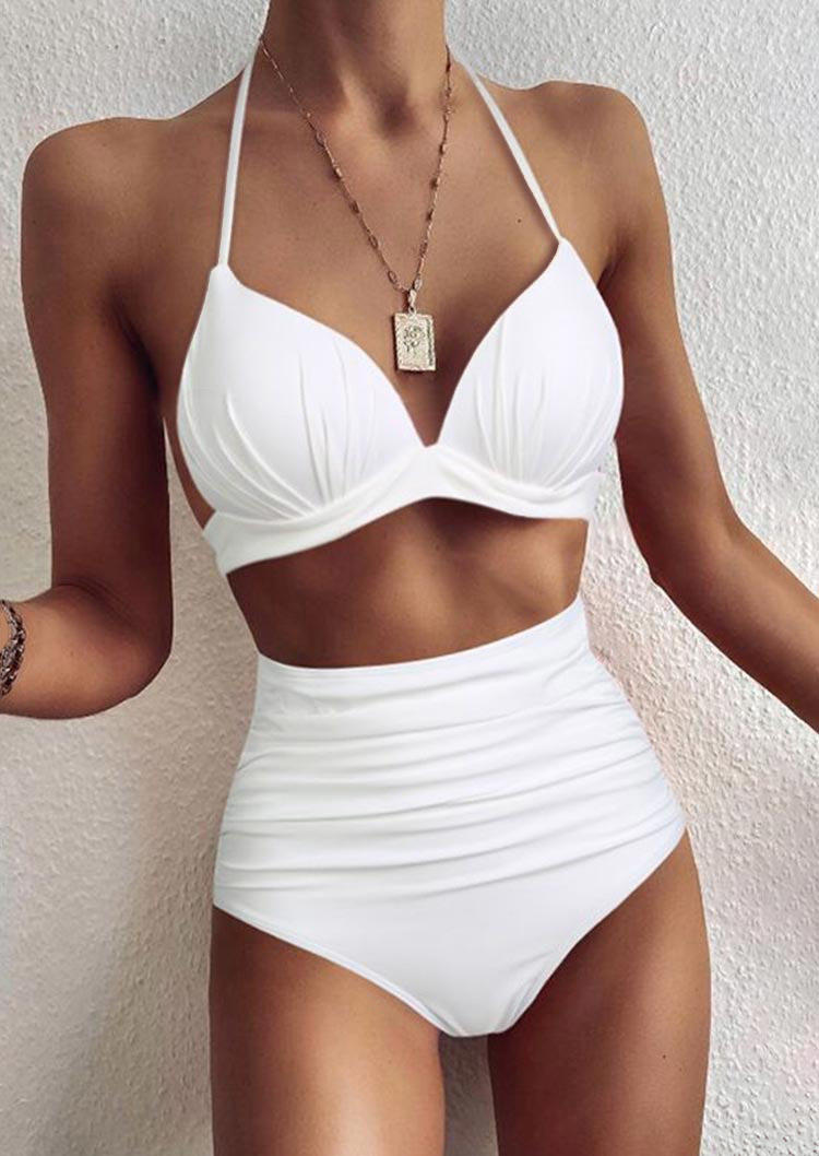 Bikini Sets Ruched Halter Tie Bikini Set in White. Size: S,M,L,XL