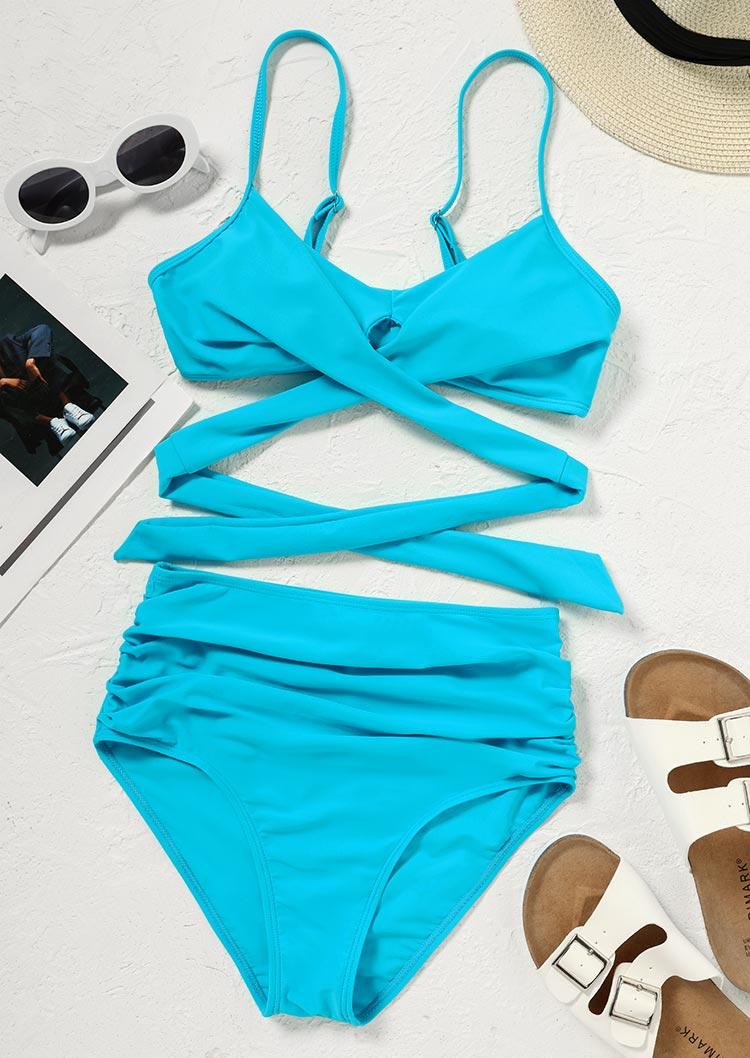 Bikini Sets Criss-Cross Adjustable Strap High Waist Bikini Set in Blue. Size: S,M,L,XL