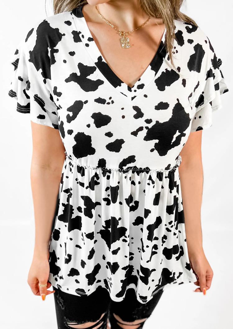 Cow Ruffled V-Neck Casual Blouse - White