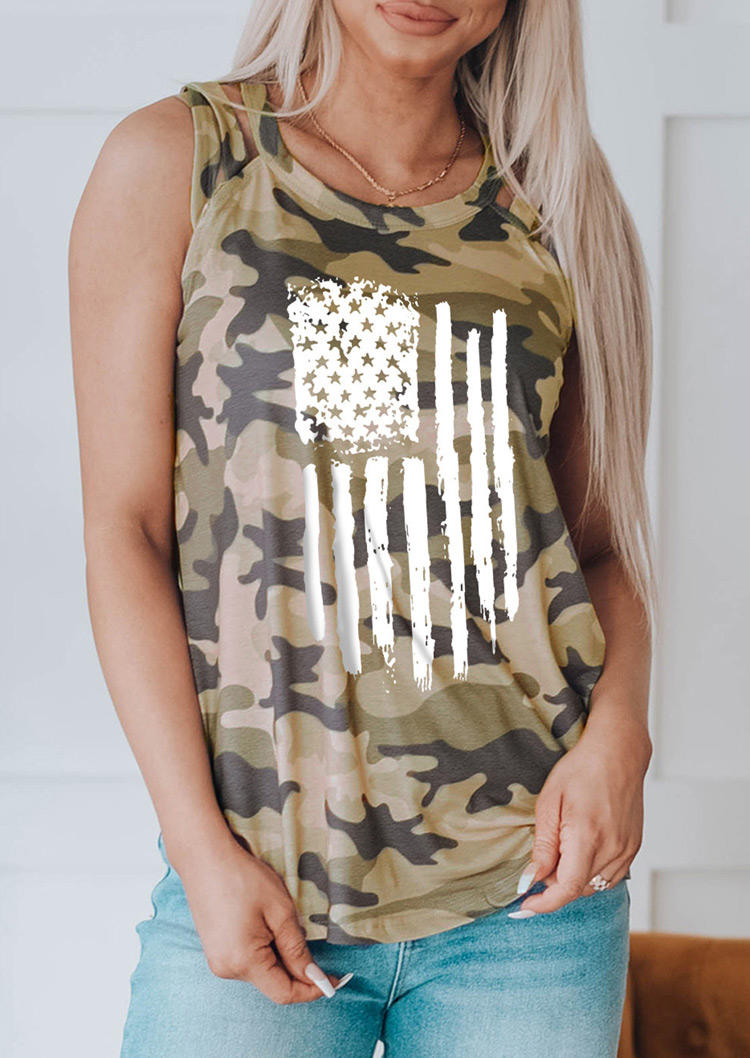 Tank Tops American Flag Camouflage Hollow Out Tank Top in Camouflage. Size: S,M,L,XL