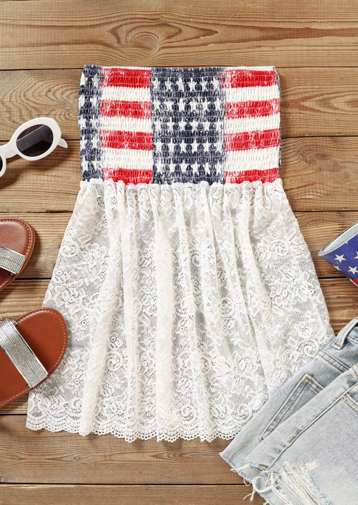 Tank Tops American Flag Lace Smocked Strapless Bandeau Tank Top in Multicolor. Size: XL