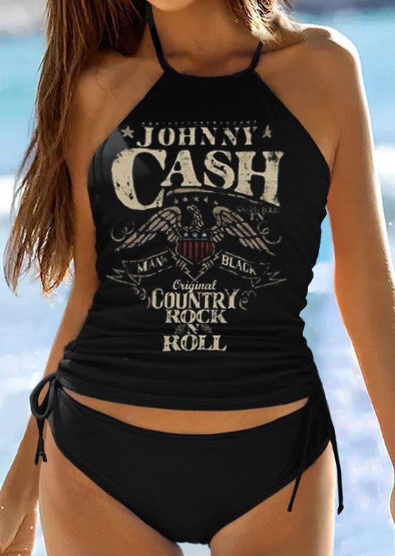 Tankinis Johnny Cash Drawstring Halter Tankini Set in Black. Size: S