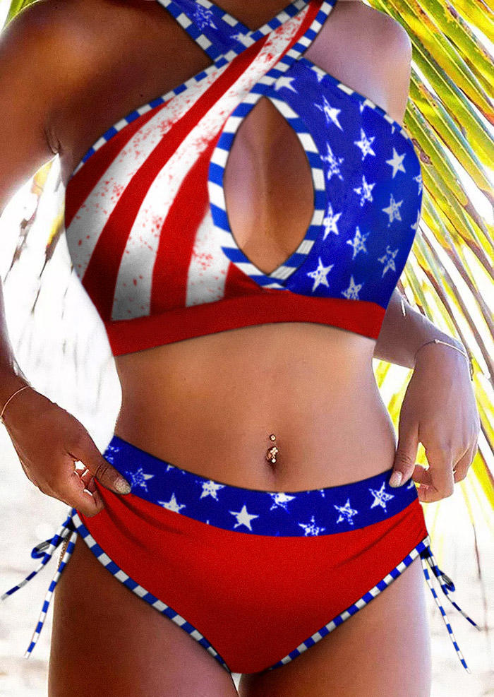 

Bikini Sets American Flag Hollow Out Halter Bikini Set in Red. Size