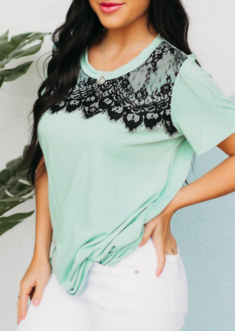 Blouses Lace Splicing Short Sleeve Casual Blouse in Light Green. Size: S,M,L,XL
