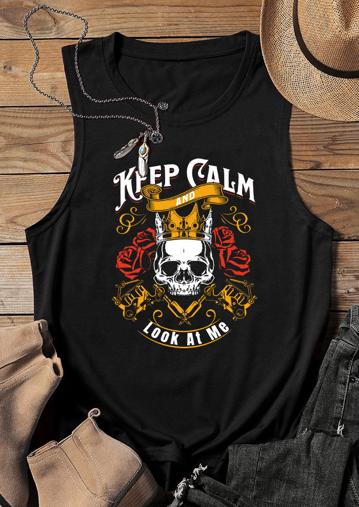 Tank Tops Skull Rose Keep Calm And Look At Me Tank Top in Black. Size: L,S,XL