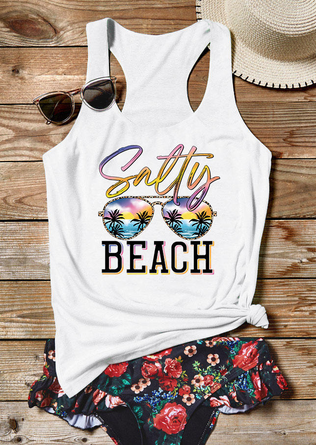 

Tank Tops Salty Beach Coconut Tree Glasses Racerback Tank Top in White. Size