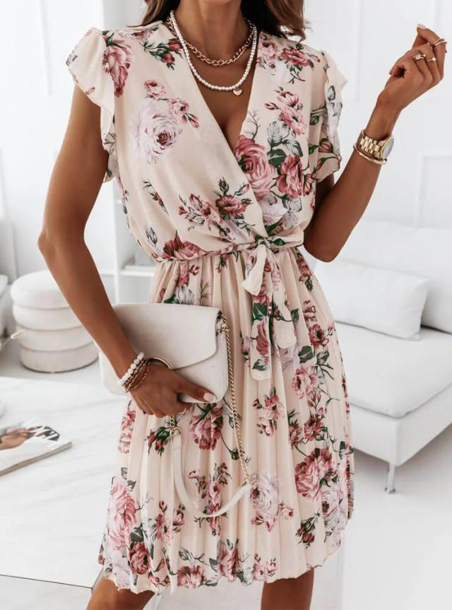 

Mini Dresses Floral Ruffled Wrap V-Neck Mini Dress in Apricot. Size: ,M