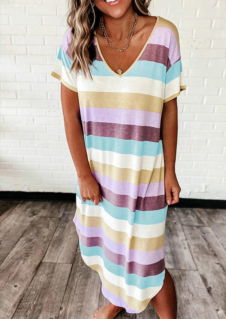 Midi Dresses Colorful Striped Slit V-Neck Midi Dress in Multicolor. Size: S,M,L,XL
