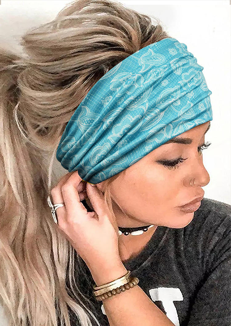 Floral Yoga Wide Headband in Cyan. Size: One Size