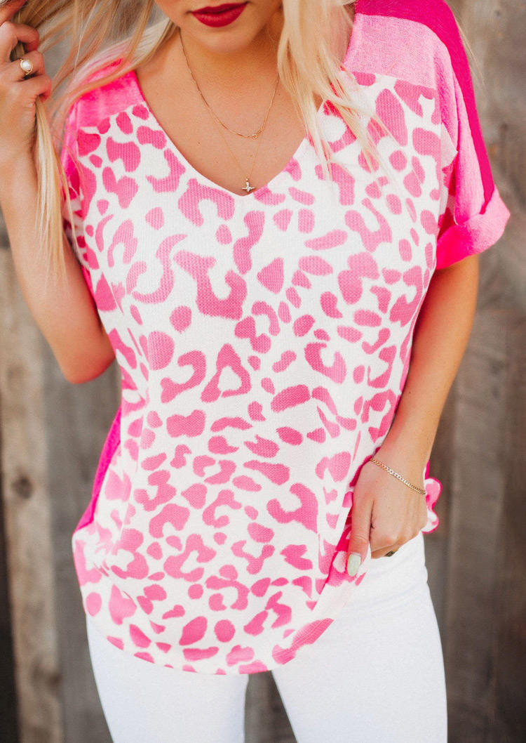Leopard Color Block Short Sleeve Blouse - Rose Red, SCM001847, Fairyseason  - buy with discount