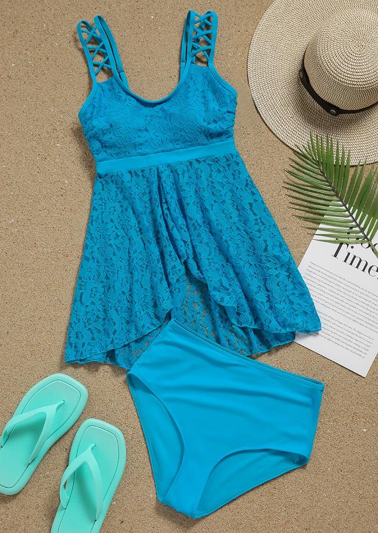 

Tankinis Lace Hollow Out Adjustable Strap Tankini Set in Blue. Size