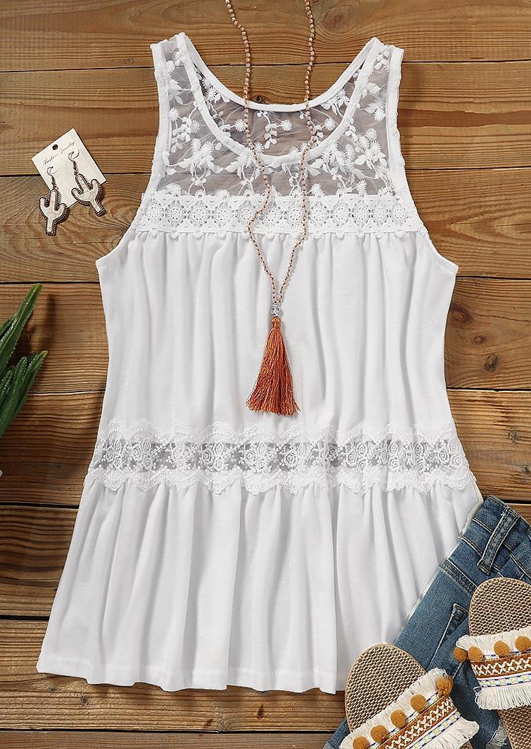 Tank Tops Lace Splicing Ruffled O-Neck Tank Top in White. Size: M