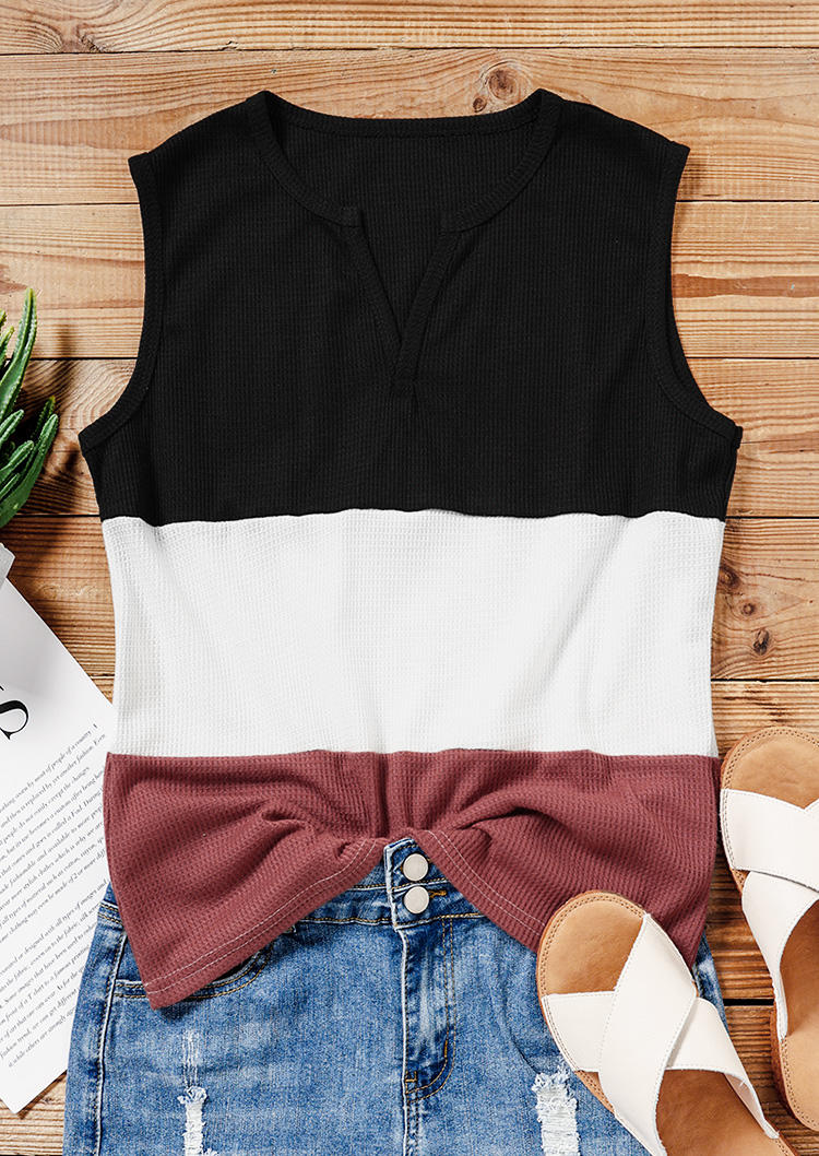 

Tank Tops Color Block Notched Neck Waffle Casual Tank Top in Multicolor. Size