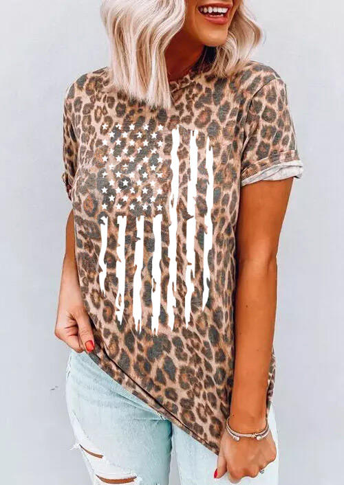 T-shirts Tees American Flag Leopard T-Shirt Tee in Leopard. Size: S,M,L,XL