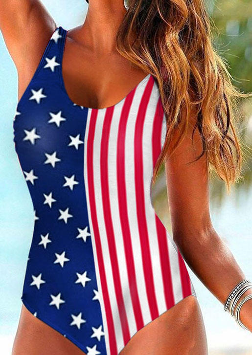 One-Pieces Swimsuit American Flag Star One-Piece Bathing Suit Swimwear in Blue. Size: M,S