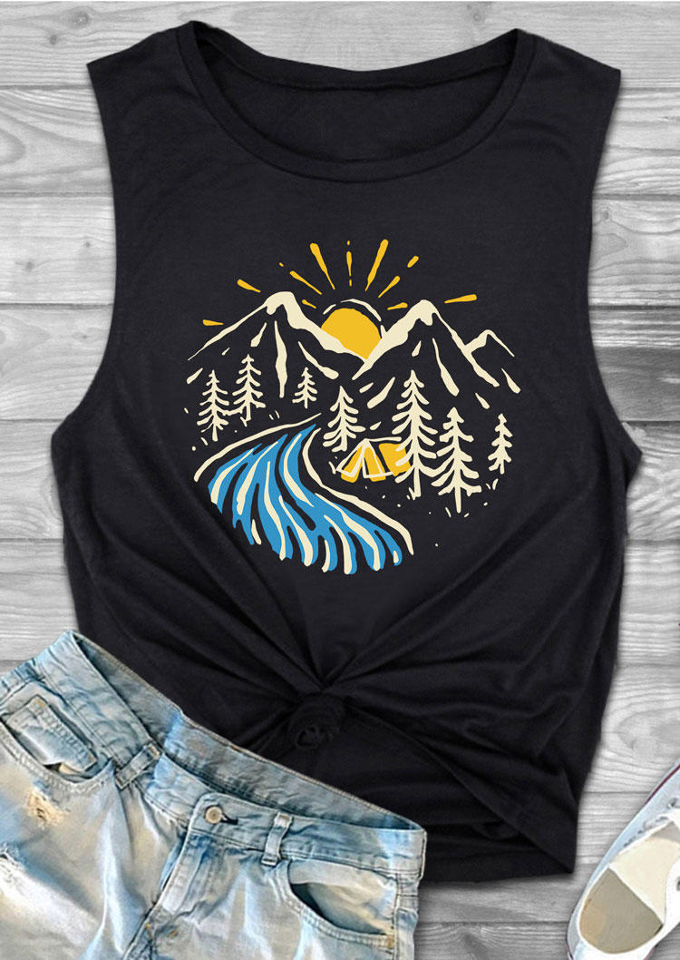Tank Tops Forest Sunset Mountain Camping Tank Top in Black. Size: M