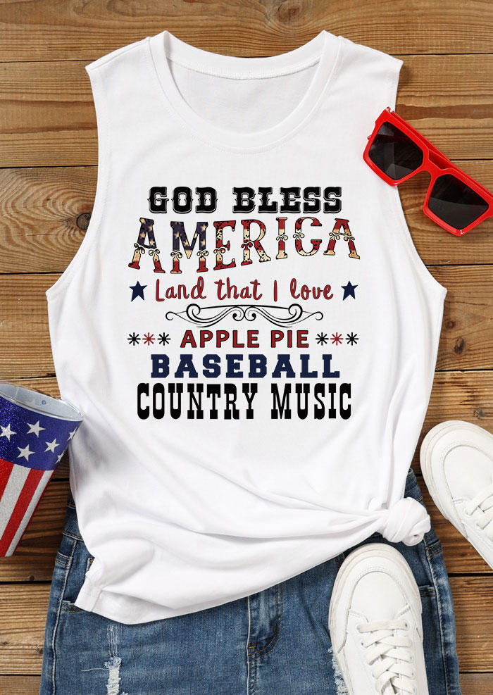 Tank Tops God Bless America Land That I Love Apple Pie Baseball Country Music Tank Top in White. Size: M,S