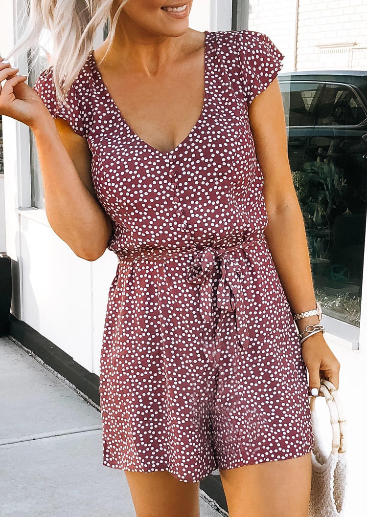 

Jumpsuits & Rompers Polka Dot Button Cap Sleeve Romper in Multicolor. Size: L