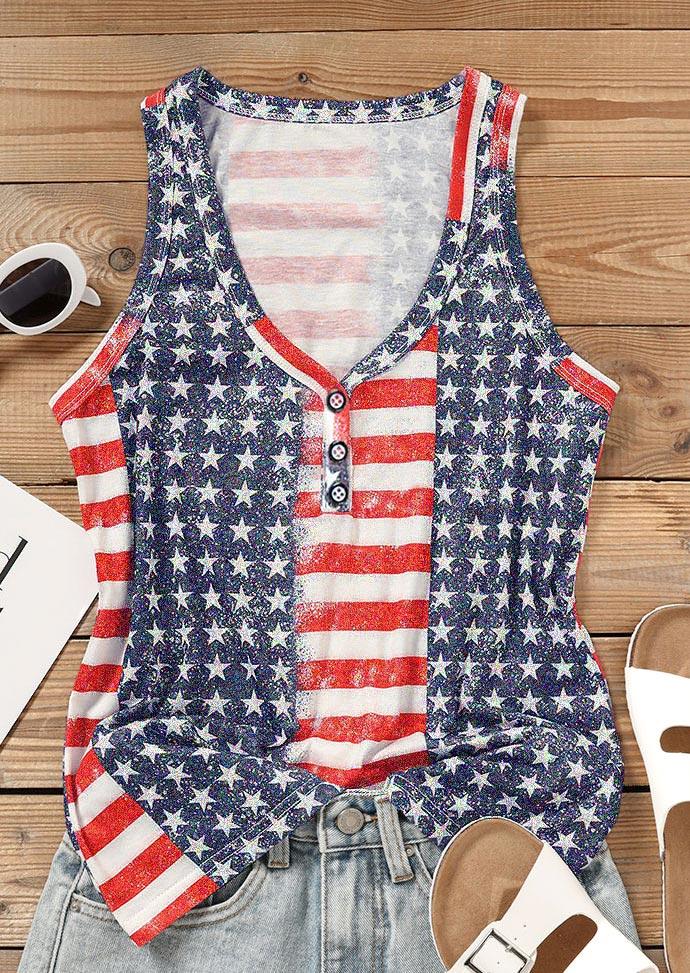 Tank Tops American Flag Button Casual Tank Top in Blue. Size: XL