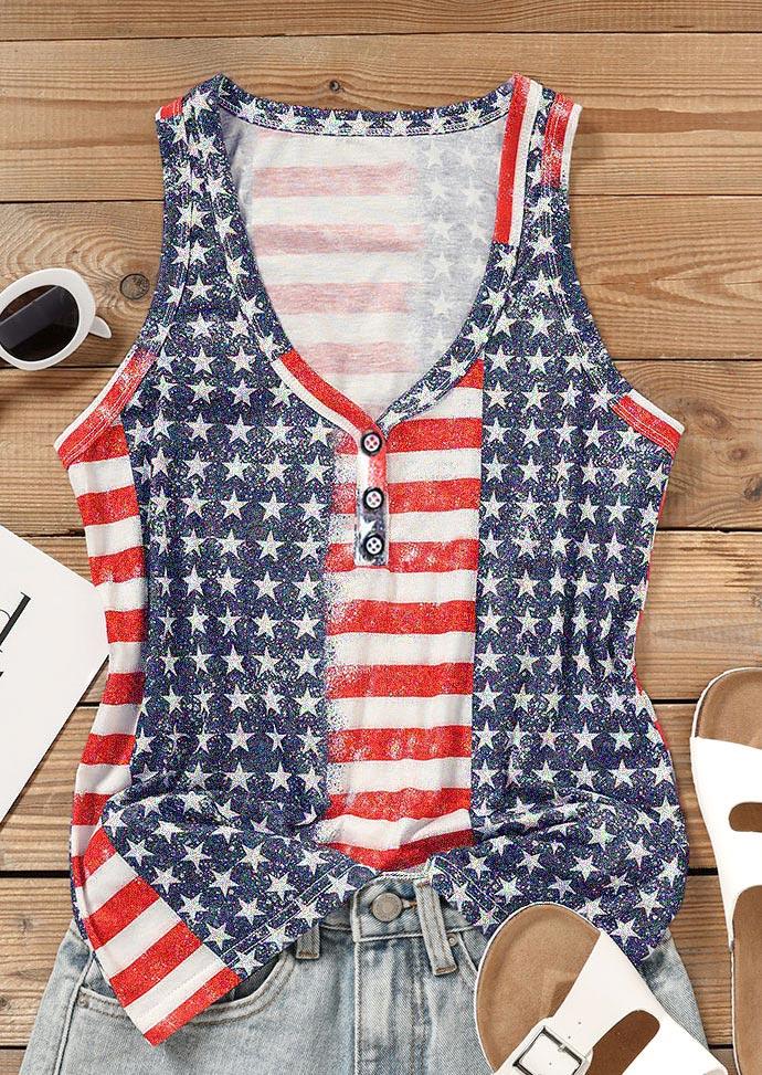 

Tank Tops American Flag Button Casual Tank Top in Blue. Size