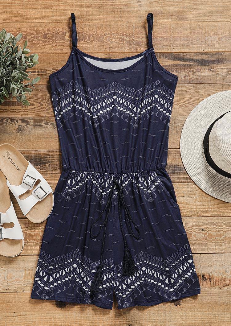 

Jumpsuits & Rompers Geometric Pocket Spaghetti Strap Romper in Deep Blue. Size