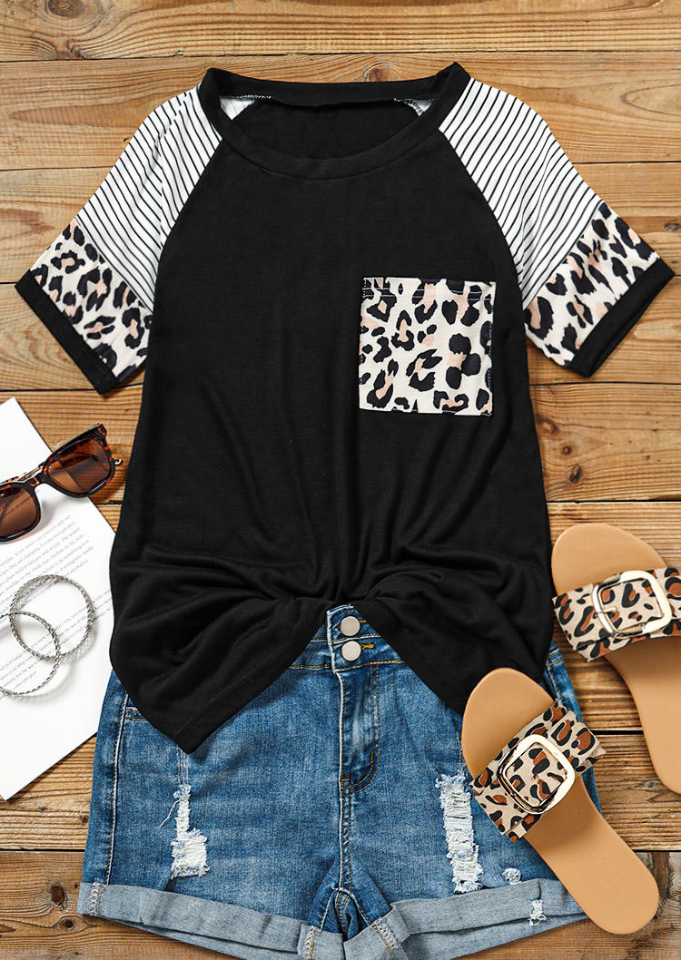 

Blouses Leopard Striped Pocket O-Neck Blouse in Black. Size