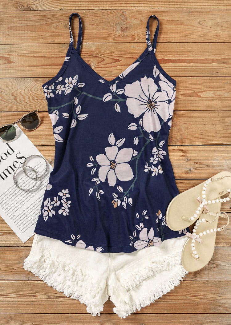 

Tank Tops Floral V-Neck Camisole - Navy Blue in Blue. Size