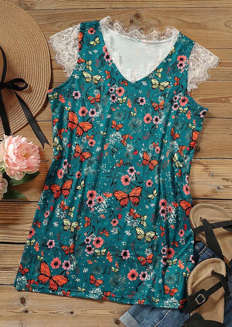 

Blouses Floral Butterfly Lace Splicing V-Neck Blouse in Multicolor. Size