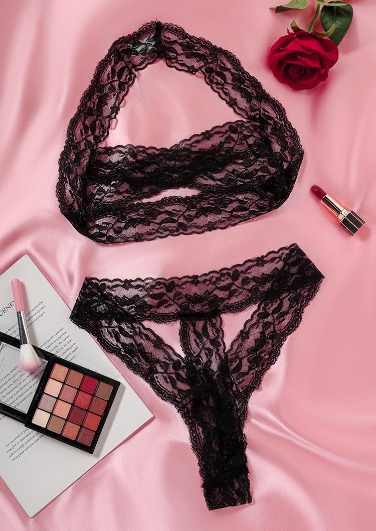 

Lingerie Lace Hollow Out Halter Lingerie Set in Black. Size