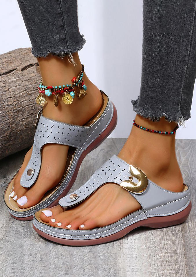 Hollow Out Flip Flops Wedge Slippers - Gray SCM001925
